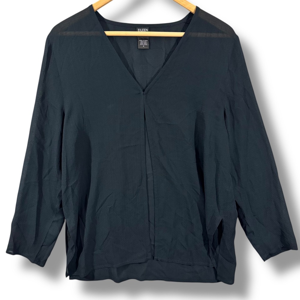Eileen Fisher Black Sheer Silk One Button V-Neck Blouse Size Small